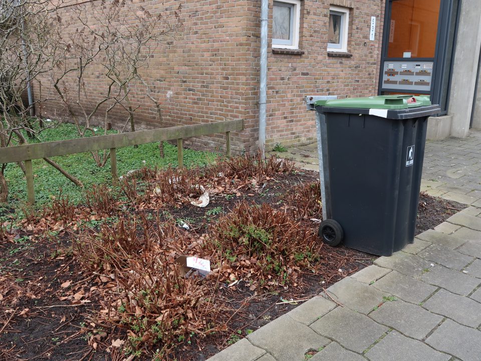 Afvalcontainer in een perkje langs de straat